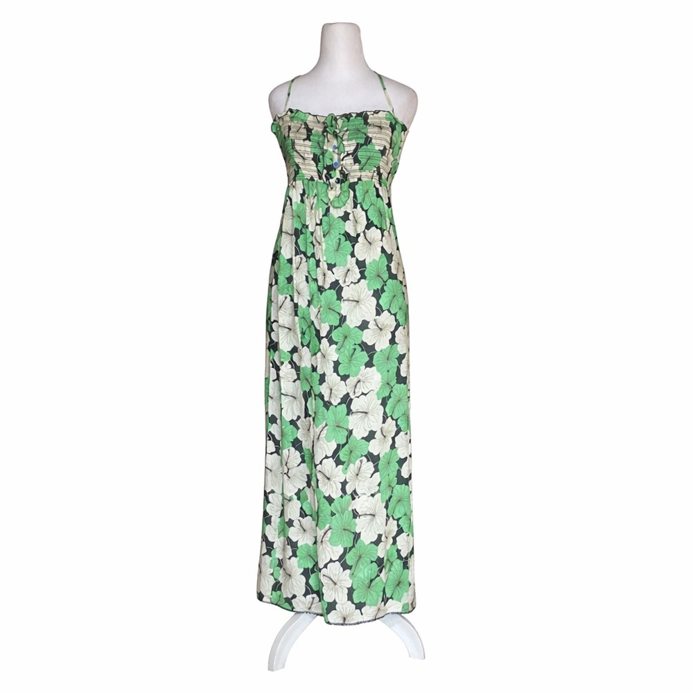 Vintage Juicy Couture Maxi Dress P Petite Y2K Green White Tropical Floral Cotton